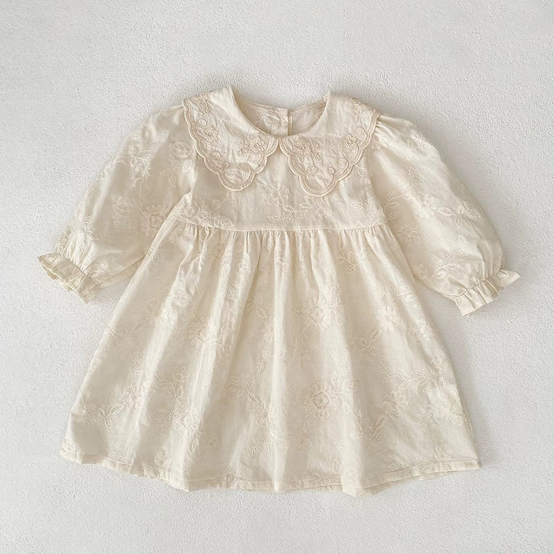 Autumn Baby Girls French Style Solid Color Flowers Pattern Long-sleeved bodysuit and Dress – Princess Sister Matching Set