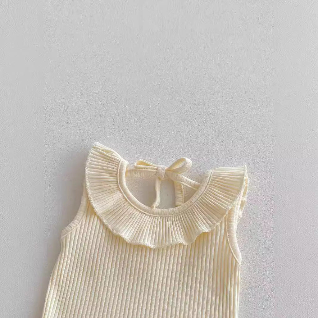 Summer Baby Kids Girls Solid Color Sleeveless Ruffle Collar Vest And Skirt Clothing Set