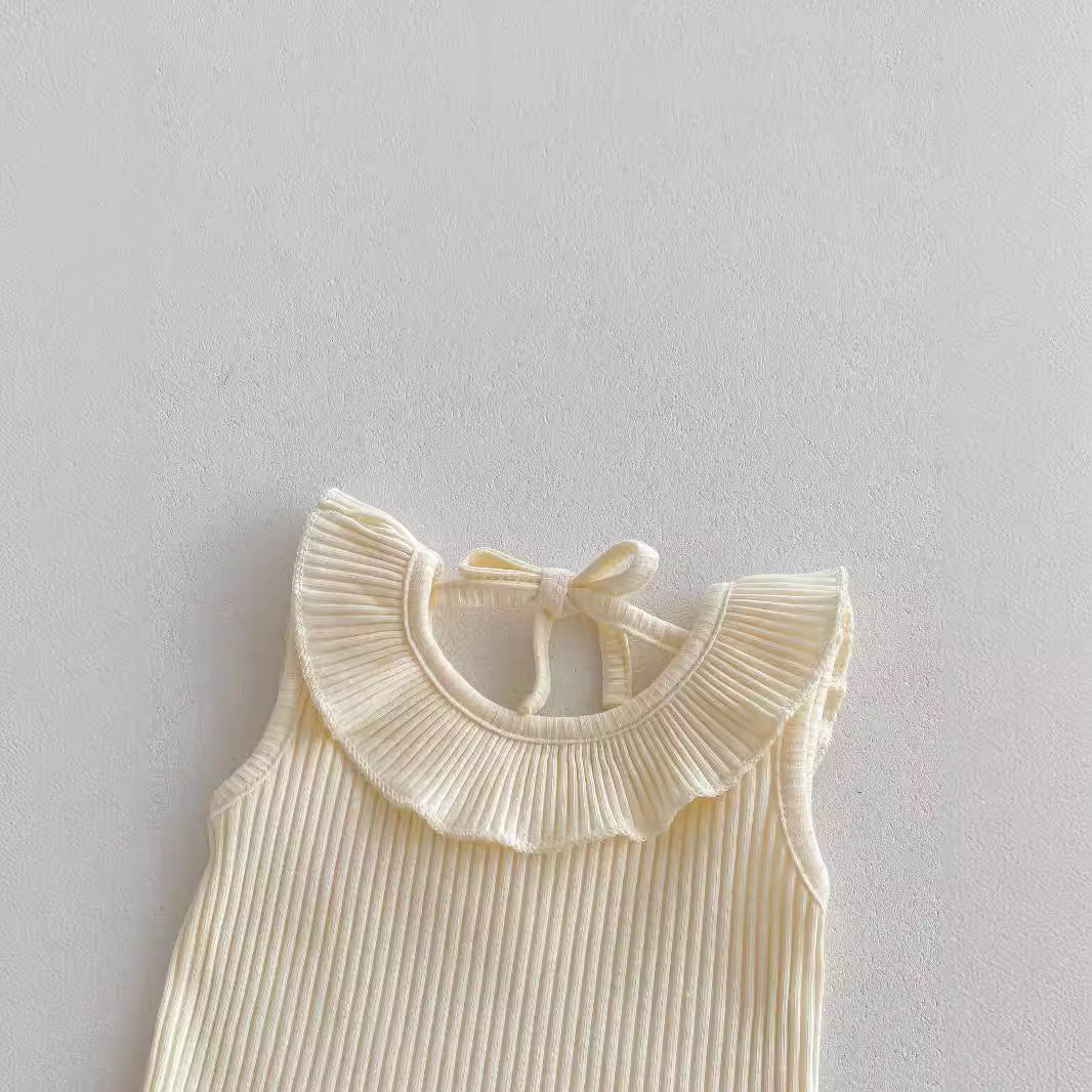 Summer Baby Kids Girls Solid Color Sleeveless Ruffle Collar Vest And Skirt Clothing Set