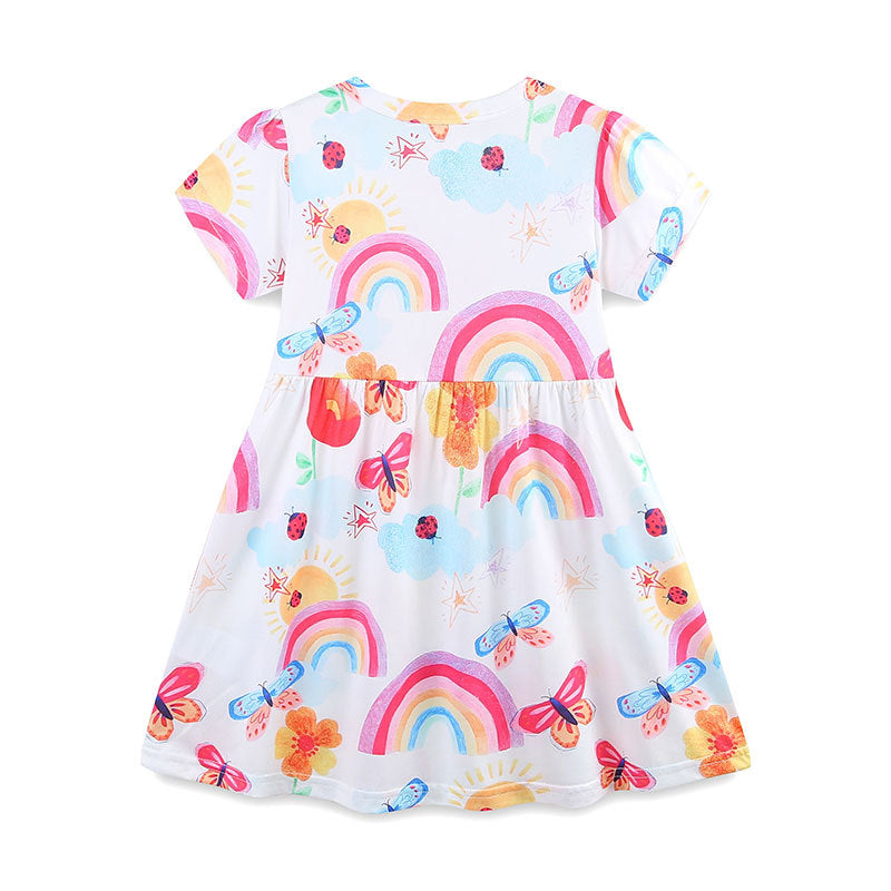 Summer Polyester Butterfly and Rainbow Pattern Short Sleeves Dress for Stylish Girls
