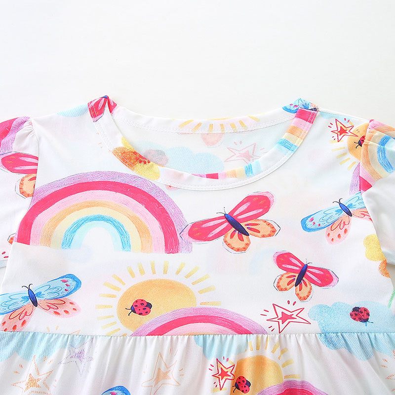 Summer Polyester Butterfly and Rainbow Pattern Short Sleeves Dress for Stylish Girls