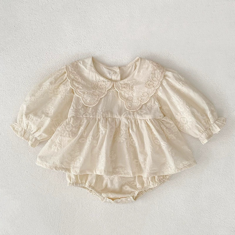 Autumn Baby Girls French Style Solid Color Flowers Pattern Long-sleeved bodysuit and Dress – Princess Sister Matching Set