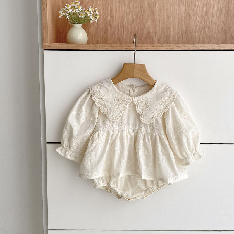 Autumn Baby Girls French Style Solid Color Flowers Pattern Long-sleeved bodysuit and Dress – Princess Sister Matching Set