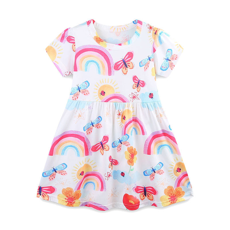 Summer Polyester Butterfly and Rainbow Pattern Short Sleeves Dress for Stylish Girls