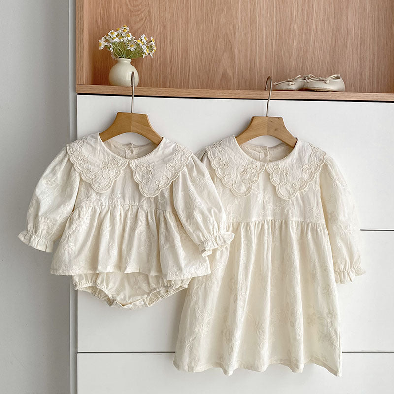 Autumn Baby Girls French Style Solid Color Flowers Pattern Long-sleeved bodysuit and Dress – Princess Sister Matching Set