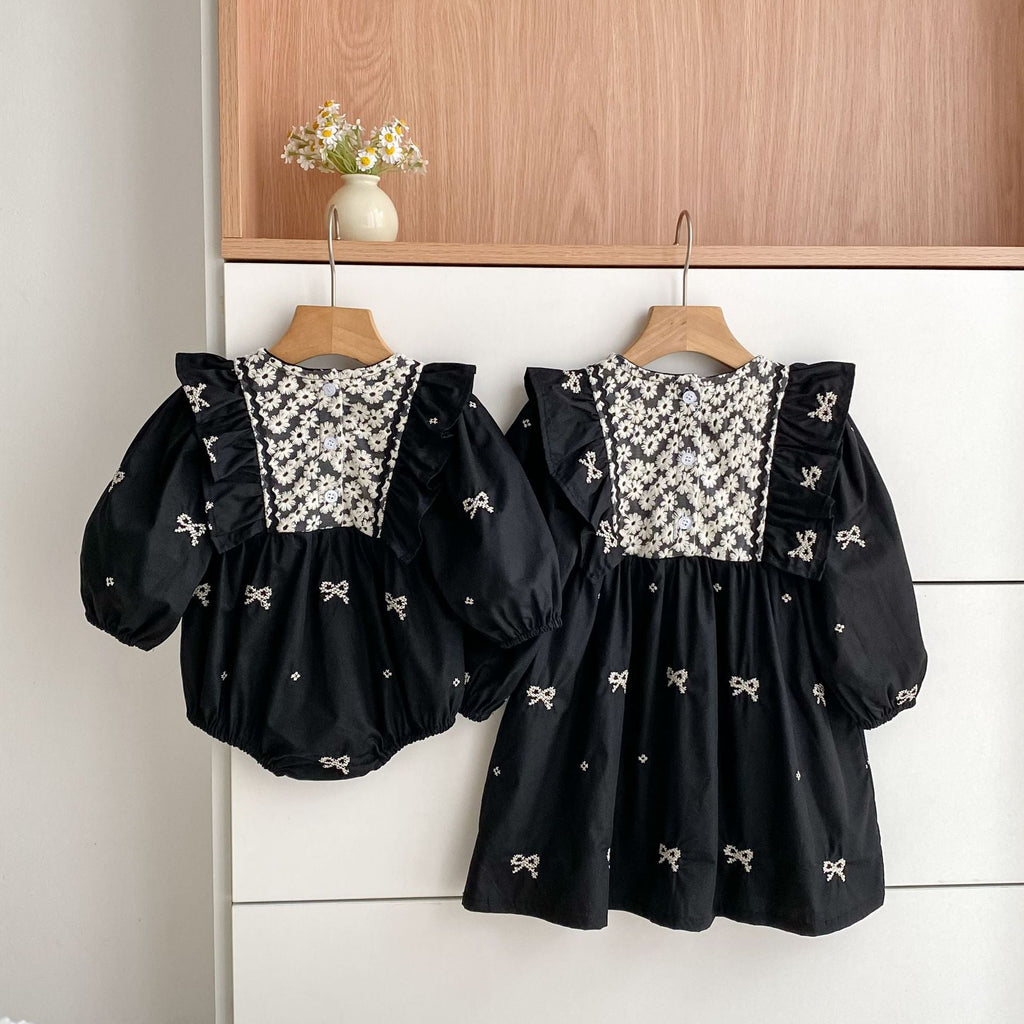 Autumn Arrival Baby Girls Color Patchwork Flowers and Butterfly-bows Pattern Long-sleeved bodysuit and Dress – Princess Sister Matching Set